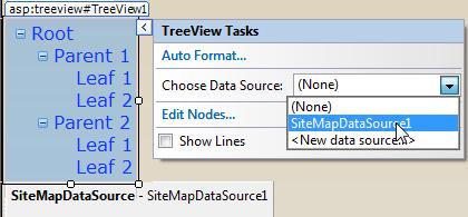 Insira um componente TreeView, que também encontra-se na aba Navigation da ToolBox, abaixo do componente Menu