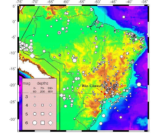 Sismicidade do Brasil Localização dos sismos ocorridos no Brasil entre 1724 e 1995,