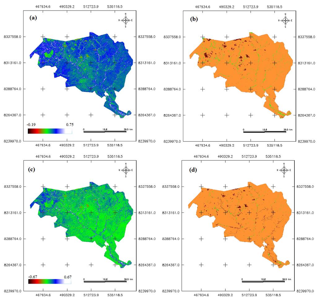 37 Utilização de intervalos de índices de vegetação e temperatura da superfície para detecção de queimadas Figura 4 SAVI e NDWI O IAF apresentou valores considerados baixos quando comparados a áreas