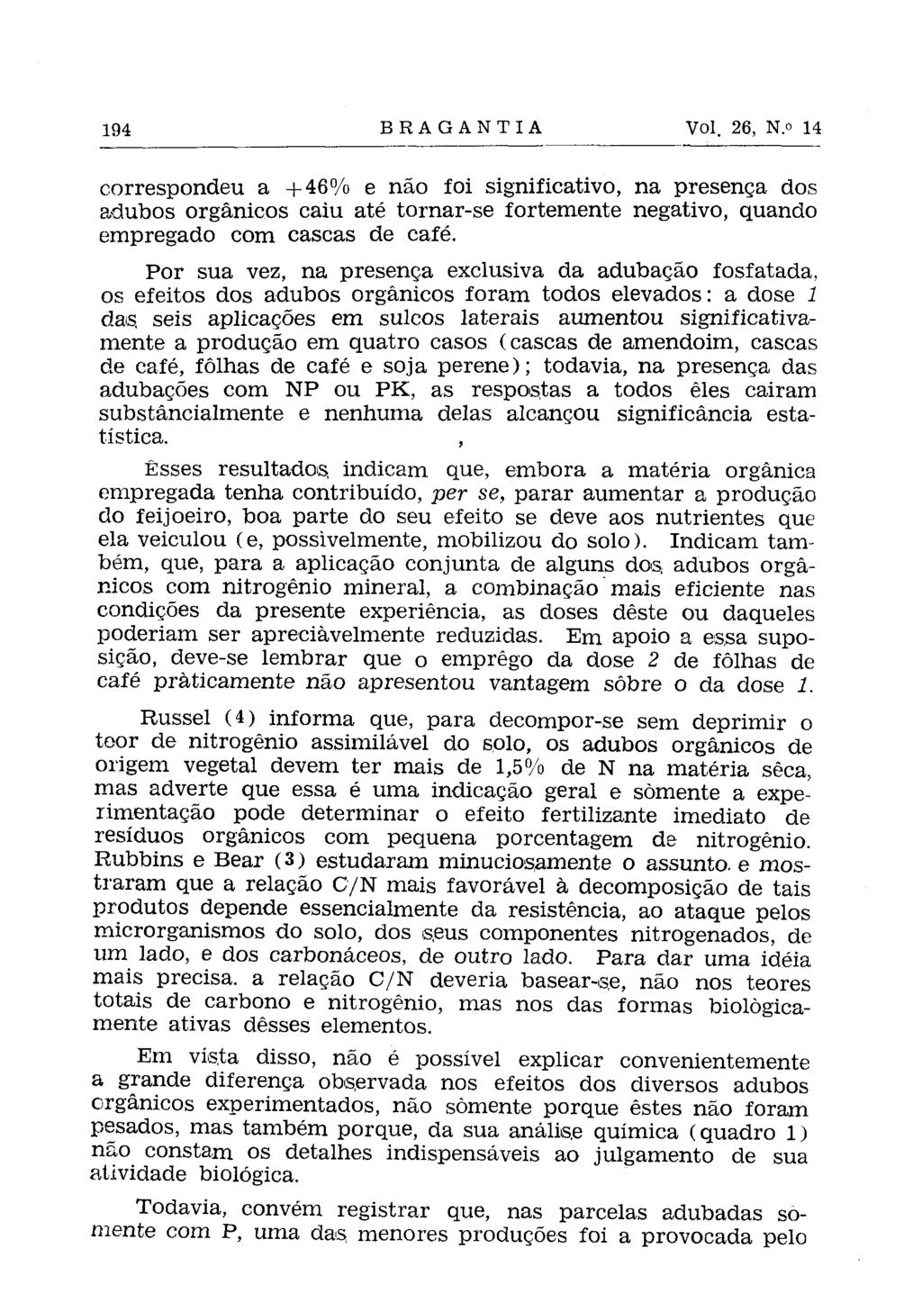 correspondeu a +46% e não foi significativo, na presença dos adubos orgânicos caiu até tornar-se fortemente negativo, quando empregado com cascas de café.