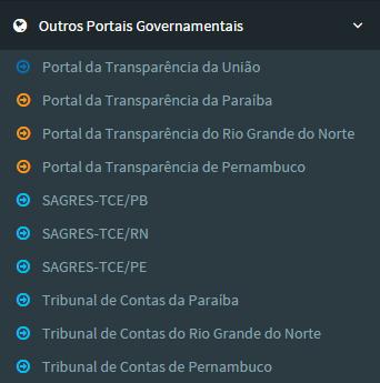 Outros Portais Governamentais No submenu Outros Portais Governamentais está disponível o acesso a páginas institucionais da União, Estados da Paraíba, Pernambuco e Rio Grande do Norte, além do acesso