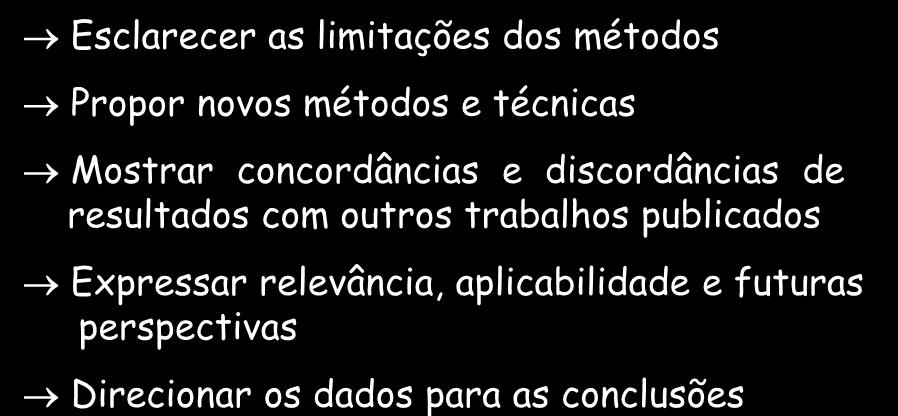 Esclarecer as limitações dos métodos Propor novos métodos e técnicas Mostrar concordâncias e discordâncias de resultados com outros trabalhos publicados Expressar