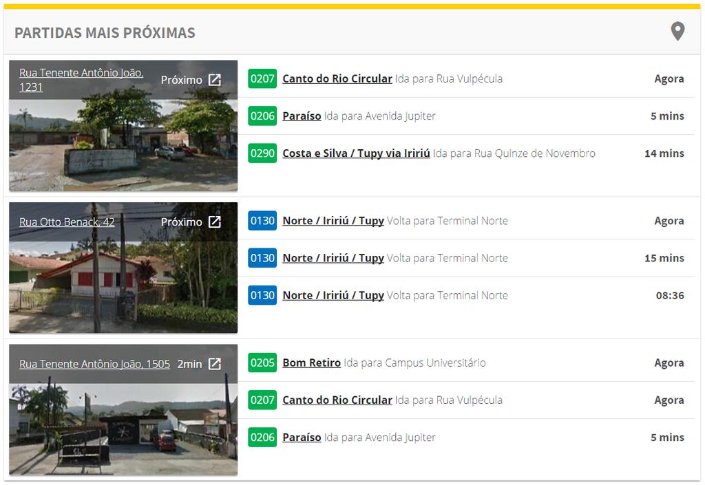 As paradas mais próximas aparecem logo abaixo, trazendo a lista de viagens no momento.