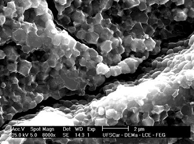 118 (a) / (b) / FIGURAS 41 (a) e (b) - Fractografias do ensaio de tração diametral para o nanocompósito experimental, quando utilizada a temperatura de sinterização de 1500 C.