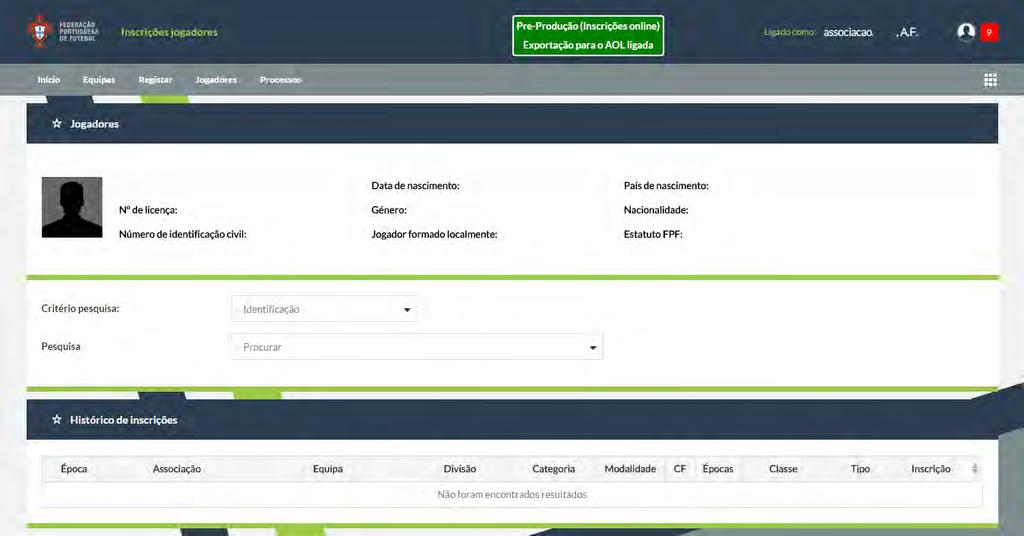 3.1.7 Jogadores O acesso à área de jogadores permite listar todas as inscrições de um determinado jogador. O utilizador pode escolher o critério de pesquisa para o jogador.