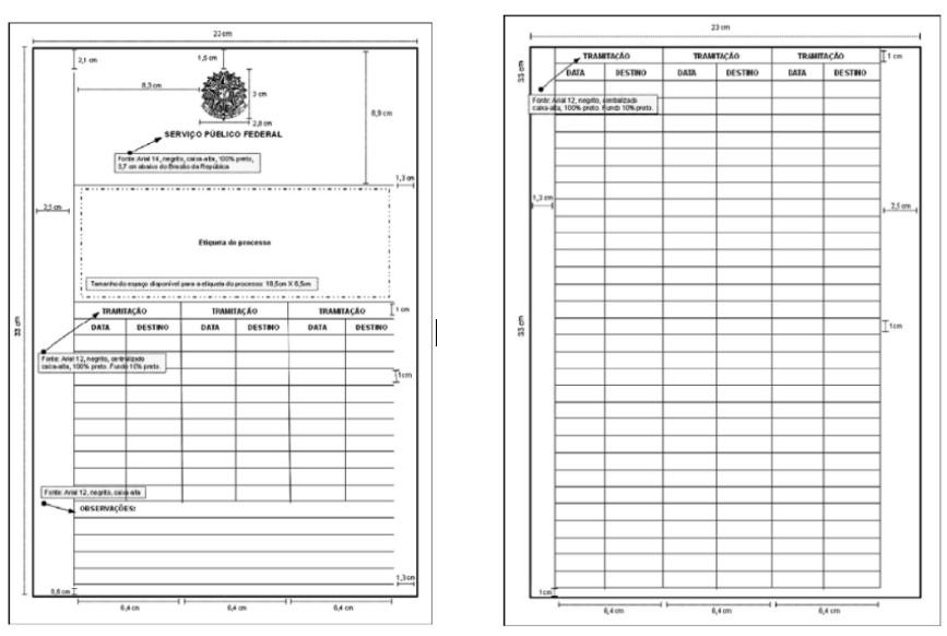 b) Exibir os elementos dispostos nos modelos de formato de capa e verso da capa, conforme Figura 20, respectivamente; 29 Figura 20 Campos destinados à identificação, descrição de ações e tramitações