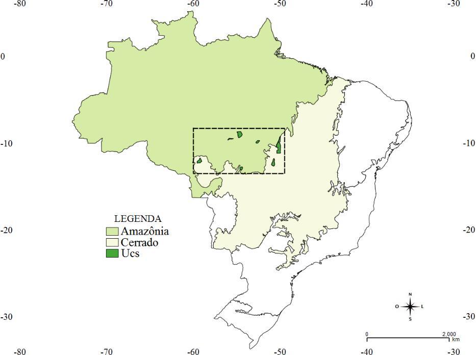 Figura 1: mapa representando os biomas brasileiros, enfatizando a região da área de estudo, a transição entre os biomas Amazônia-Cerrado.