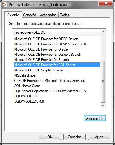iremos utilizar o Provedor para conexão com banco de dados desenvolvidos no MS SQL Server, como mostra a sequência de imagens a seguir: 1.