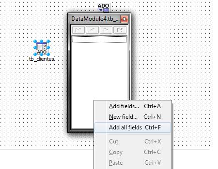 Procedimento para inserção dos campos da tabela da TADOQuery: Clique 2 vezes no componente ADOQuery Na janela que será aberta, clique com o botão direito do mouse, e depois na opção