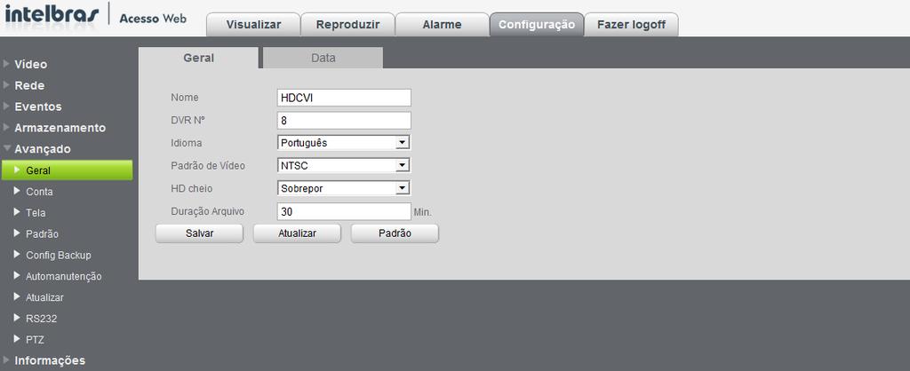 Geral A tela Geral será exibida, conforme a figura a seguir: Geral DVR N : defina o número do DVR a ser manuseado pelo controle remoto ou pelo teclado Intelbras modelo VTN 1000.