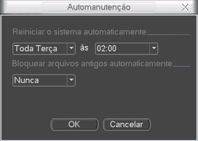 Conta 7.16. Automanutenção Nesta seção é possível configurar a hora de reinício do sistema e a configuração de autobloqueio dos arquivos antigos.