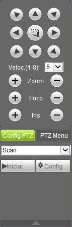 Tela de configurações Expanda a lista de ajustes de PTZ para realizar as configurações de Scan, Preset, Tour, Patrulha, Pan, AUX, Luz/Limpador, Girar e Resetar,