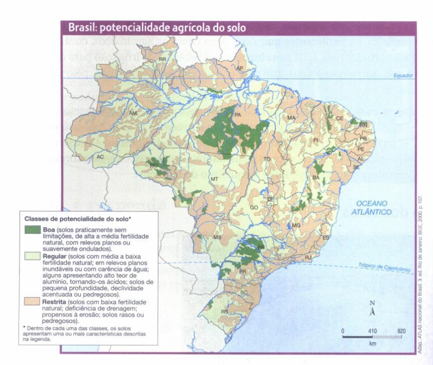 A análise do mapa do Brasil de potencialidades agrícolas do solo não condiz com os dados representados.