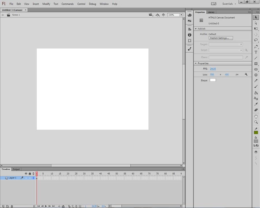3. Depois de escolher o tipo de documento, surge no ecrã um retângulo em branco - o stage -, uma linha de tempo (timeline), uma camada (layer), uma barra de ferramentas e um menu de propriedades:
