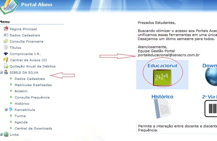 Após ter confirmado o login, na próxima página aparecerá a Página Principal com um MENU a esquerda. No lado direito a opção Educacional, onde constam as informações referentes às disciplinas.