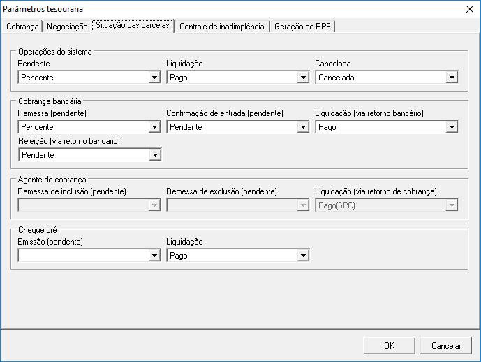 4.4 Parâmetros de tesouraria (Tes_CadParametroTes.dll) Aba Situação das parcelas. Adicionado parâmetro para situação da parcela na rejeição no retorno bancário. 4.