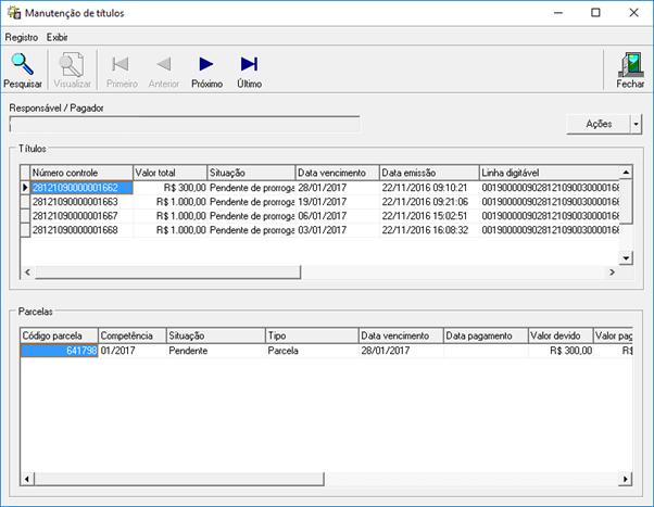 Tem por finalidade visualizar os títulos e as parcelas vinculadas aos mesmos além de apresentar: a) Situação do título; b) Situação da parcela; c) Responsável financeiro; d) Tipo de cobrança; e) Data