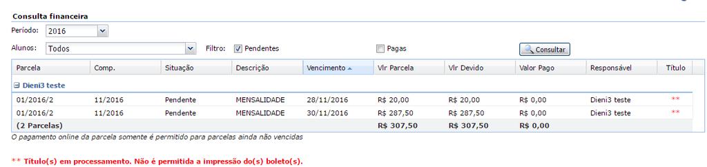 5 Funcionalidades Web 5.1 Portal do Aluno 5.1.1 Consulta Financeira A consulta financeira foi ajustada para possibilitar imprimir segunda via de boletos somente de títulos ativos.