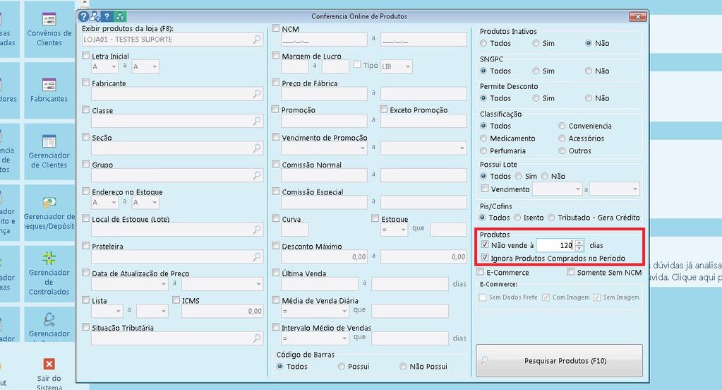 2 - Marque as opções NÃO VENDE À e IGNORA PRODUTOS COMPRADOS NO PERÍODO, defina o período que deseja