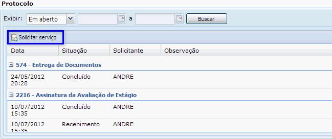 20 Solicitar serviço Figura 19 Consulta Protocolo Para efetuar a solicitação do serviço deve-se clicar no botão Solicitar serviço Figura 20 - Solicitar serviço