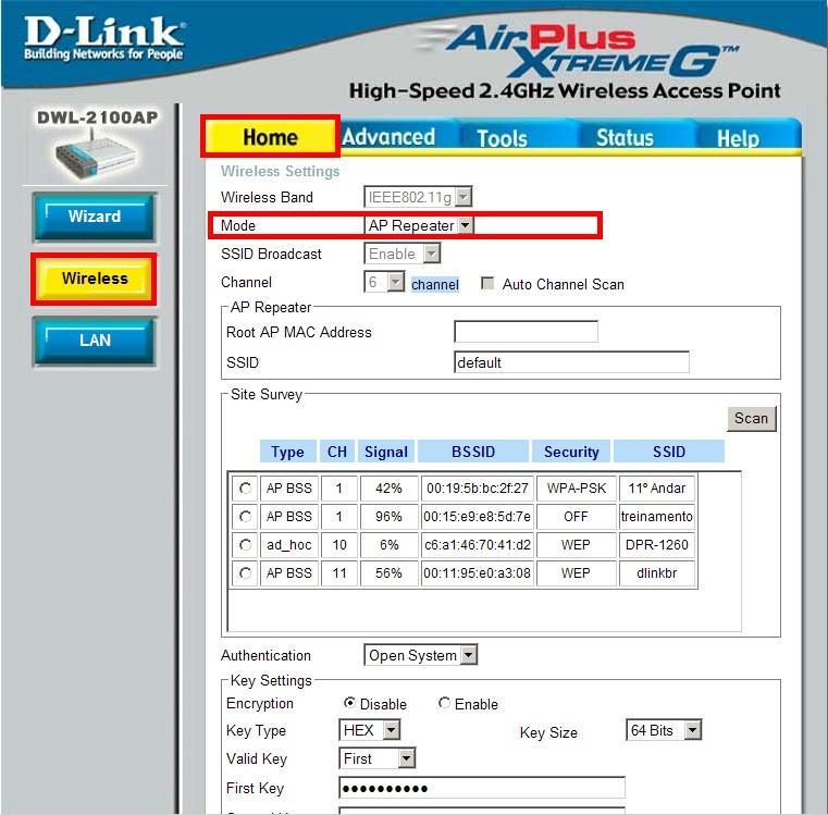 7- Na tela de configuração do DWL-2100AP clique na guia Home e no