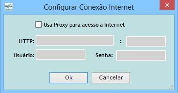 7.2. Conexão Internet: A opção Usa Proxy para acesso a Internet deve ser marcada caso o cliente possua uma conexão com proxy, portanto, deve-se configurar o ID da porta utilizada, o Login e senha de