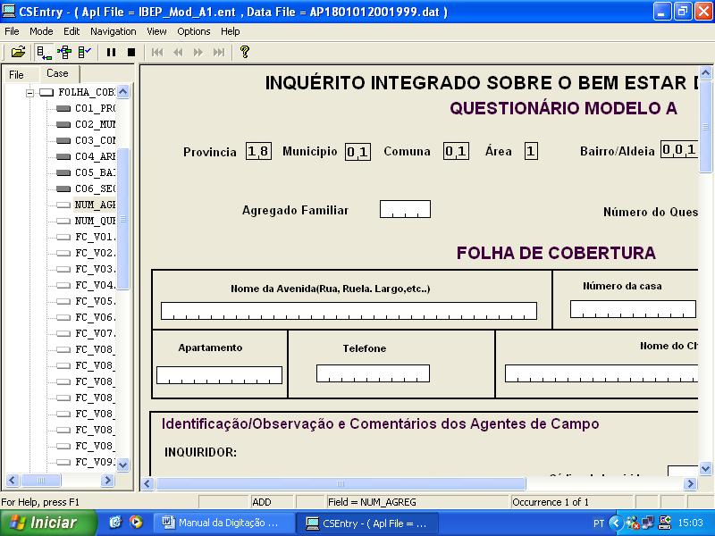 idade, código do supervisor, data da supervisão da 1ª visita, pergunta de controlo ao inquirido, código do revisordigitador e supervisor e data da 1ª revisão-digitação: Quadro V1.