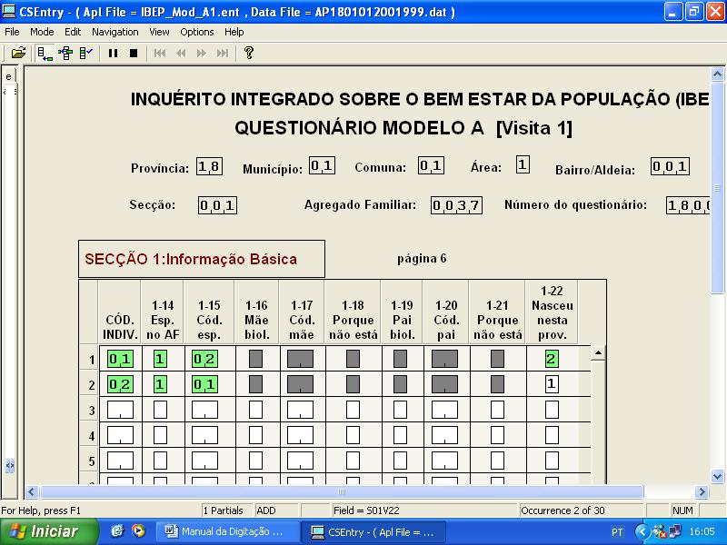 Inquérito Integrado sobre o Bem-Estar da População - IBEP 2008-2009 (IDR II e MICS III) Manual de Instruções para o Revisor-digitador Menu de entrada de dados da página 6 sobre informação básica dos