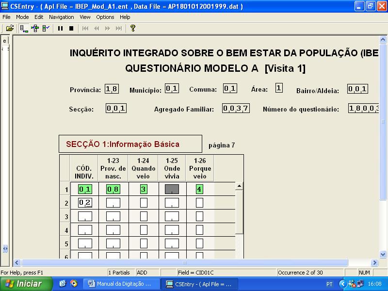 Instituto Nacional de Estatística (INE) Departamento de Censos e Inquéritos Especiais (DCIE) Menu de entrada de dados da página 7 sobre informação básica dos membros do agregado familiar