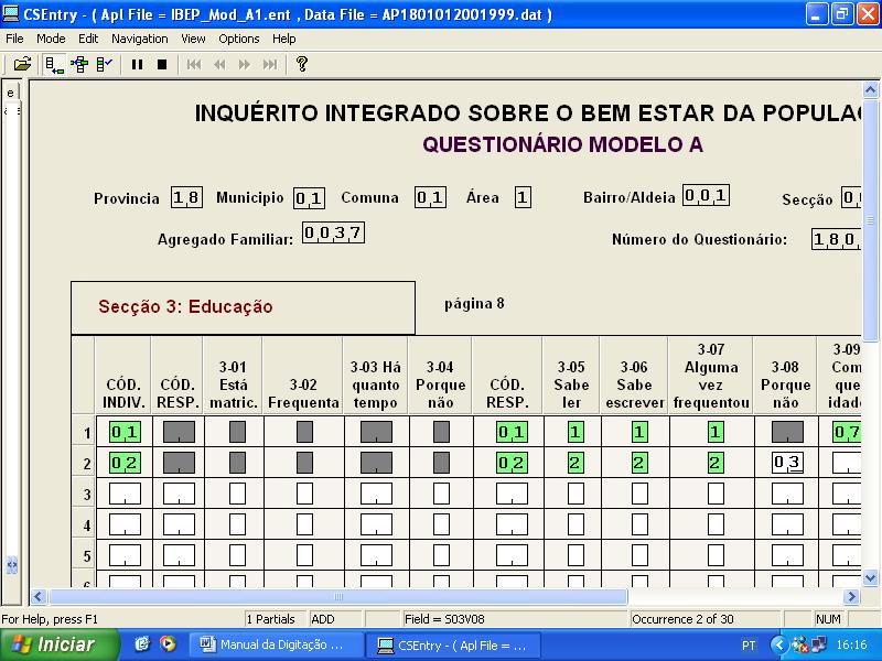 Instituto Nacional de Estatística (INE) Departamento de Censos e Inquéritos Especiais (DCIE) Menu de entrada de dados da página 8 sobre informação da secção 3A, educação préescolar, e 3B, educação