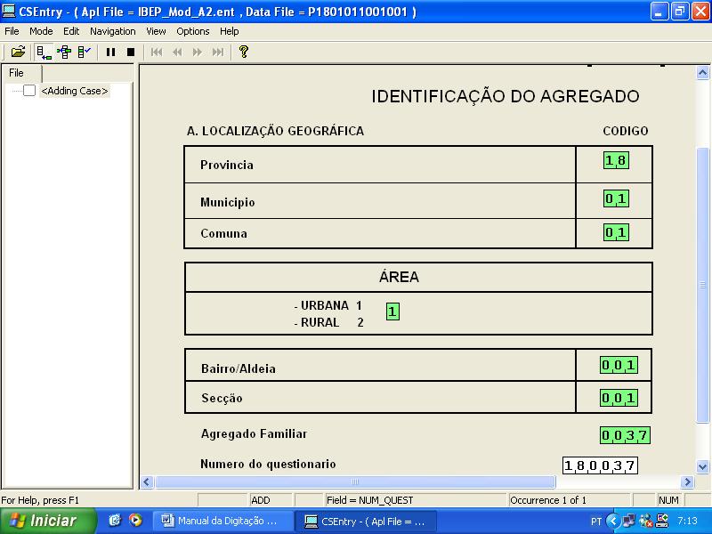 Inquérito Integrado sobre o Bem-Estar da População - IBEP 2008-2009 (IDR II e MICS III) Manual de Instruções para o Revisor-digitador Sai o menu, onde o aplicativo pede o nome do