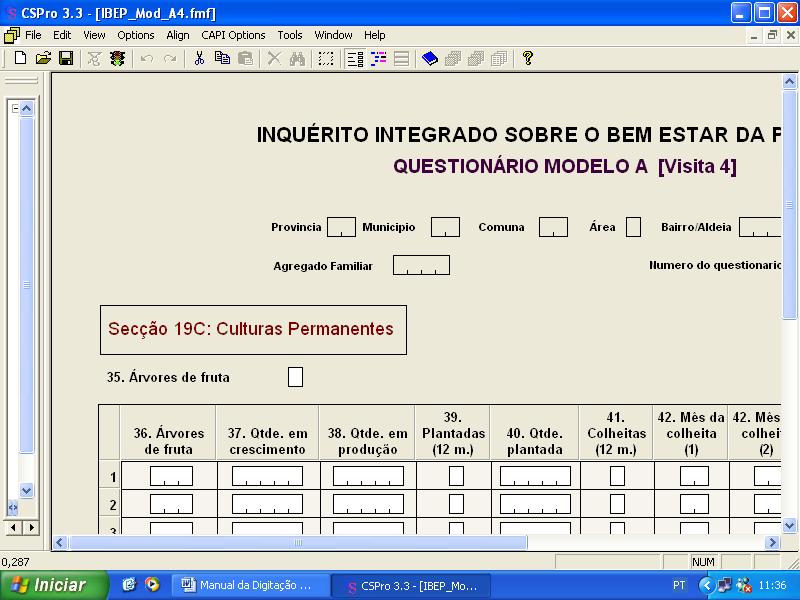 Instituto Nacional de Estatística (INE) Departamento de Censos e Inquéritos Especiais (DCIE) Menu de entrada de dados da página 39 sobre informação da secção 19C, produção agrícola culturas