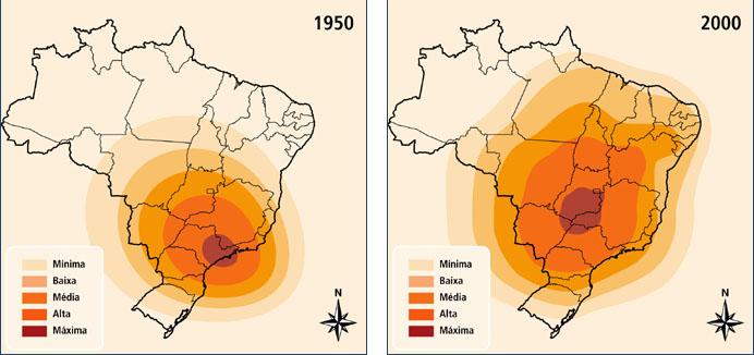 Questão 8: Observe os mapas a seguir que representam a evolução da concentração dos empreendimentos hidrelétricos no Brasil. Disponível em <http://www.aneel.gov.br/>. Acesso em 09/11/2008.