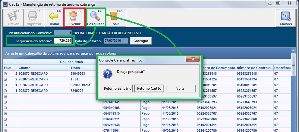 Nesta tela (CB012) deve ser indicado o código do convênio, a sequência do retorno e a data que ocorreu o processamento, utilize a pesquisa (botão PESQUISAR ou F2).