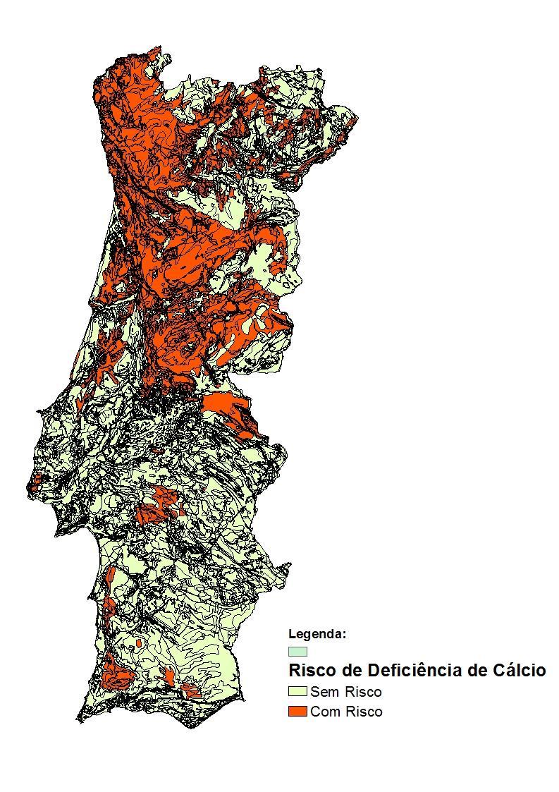 Regiões com Risco de Deficiência em Cálcio Níveis indicativos na região Centro Valores de Ca (c.