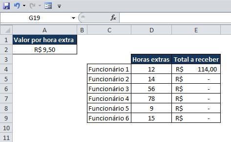 Ou seja, para o funcionário 2, será multiplicado o valor de horas trabalhadas com a célula A3 e assim sucessivamente para os demais