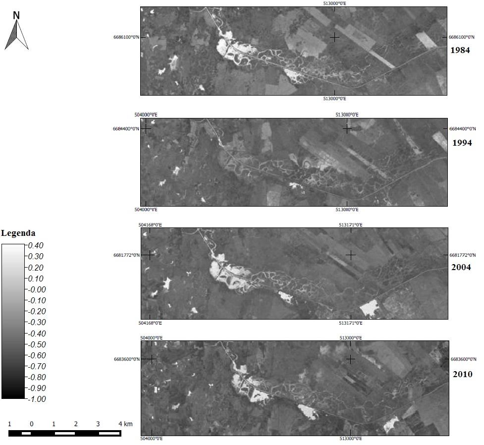 Figura 3 NDWI da planície de inundação preservada, com destaque aos meandros em processo de reativação. Fonte: Autor, 2014.