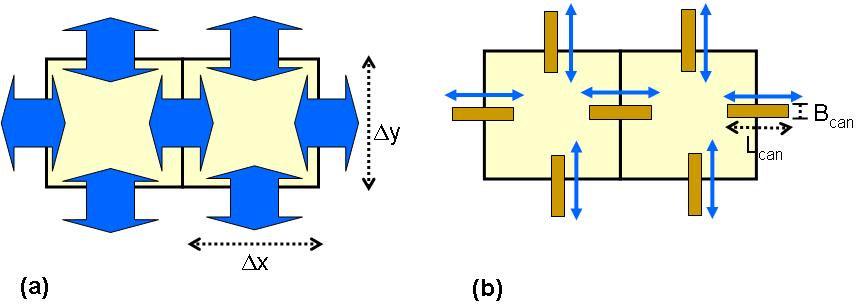 Figura 5 Esquema de troca de água entre elementos da planície ao longo de toda a lateral dos elementos (a) e via canais (b) de dimensões B can e L can. 4.