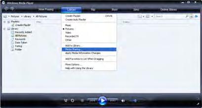 Windows Media Player v11 no Windows XP Definir para partilha de rede 1 No Windows Media Player, seleccione Library (Biblioteca) a partir do menu e seleccione Media sharing (Partilha de Multimédia).