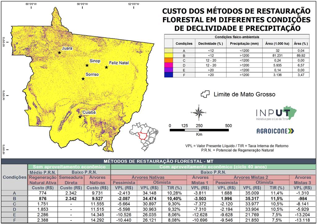 Figura 15: Custos (R$/ha), VLP (R$/ha) e TIR (%) das técnicas de restauração florestal para os diferentes cenários de