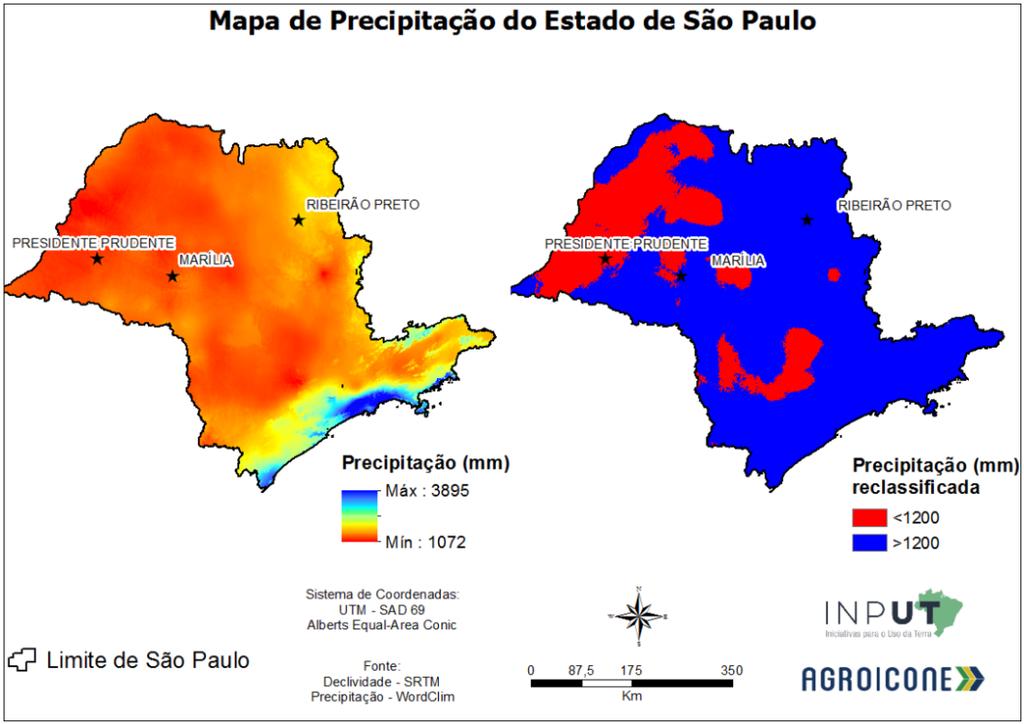 Figura A 1: Declividade no Estado de São Paulo À esquerda, declividade em valores contínuos e, à direita, declividade classificada em três intervalos: 0-12%, 12-20% e >20%.