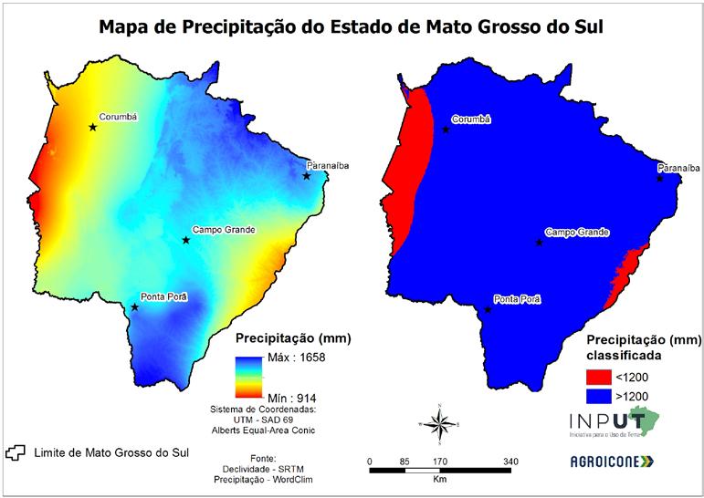 Figura A 4: Precipitação no Estado de Mato Grosso do Sul. À esquerda, precipitação em valores contínuos e, à direita, precipitação classificada em dois intervalos: <12