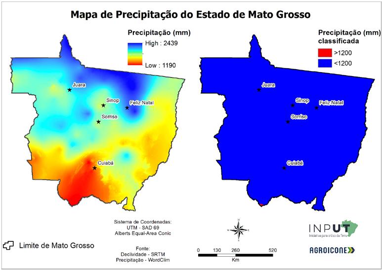 três intervalos: 0-12%, 12-20% e >20%. Figura A 6: Precipitação no estado de Mato Grosso.
