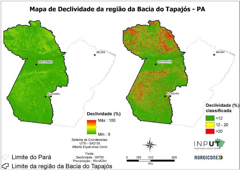 A.1.4 Região da Bacia do Tapajós (PA) Grande parte da região da Bacia do Tapajós (70% do território) possui declividade baixa (0-12%), enquanto o restante do território está dividido entre as demais
