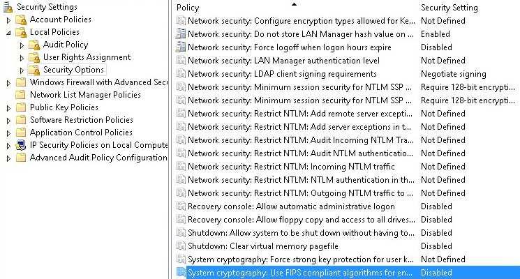 1.2.9 Fips Manter essa opção desabilitada nos servidores, quando ativado o FIPS faz com que o.net Framework para não permitir o uso de algoritmos não validados.