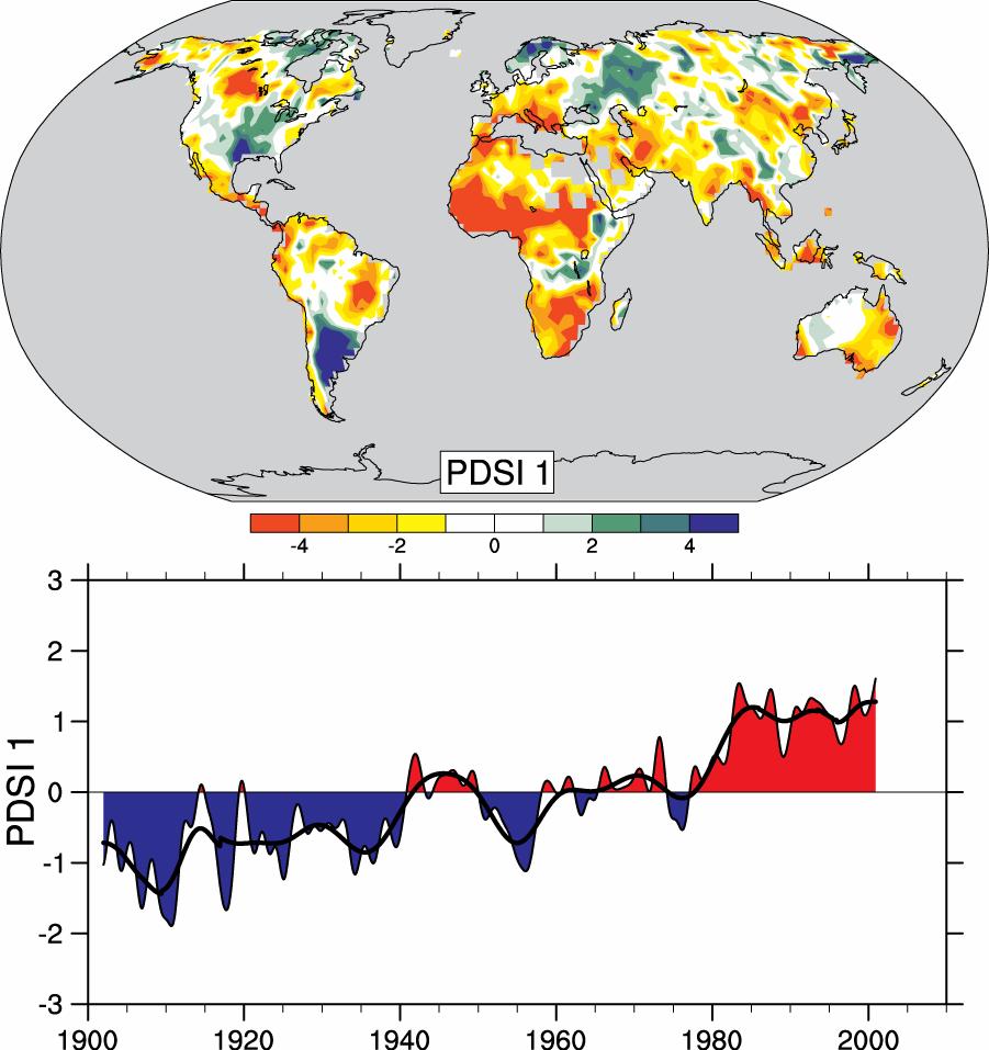 Condições de seca presentes em grandes áreas Principalmente The most devido a reduçãoimportant de chuvaspatial nos trópicos e pattern subtrópicos, (top) of e acrescentada the