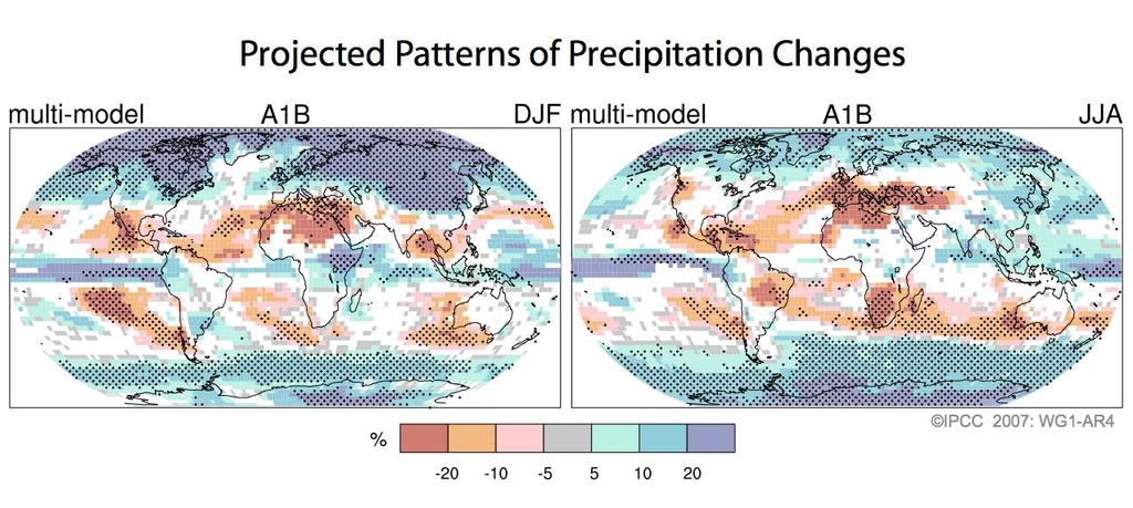 Projeções de mudanças na precipitação ate finais do Seculo XXI Precipitação aumenta em latitudes mais