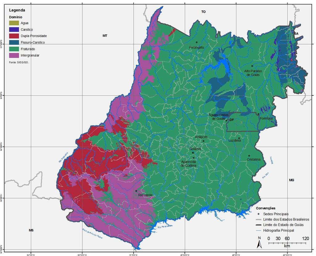 Disponibilidades Hídricas Subterrâneas Alto potencial: Oeste e Sudoeste de Goiás e no setor central devido à concentração de fraturas.