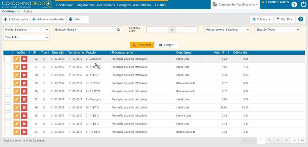 NOTA: Pode filtrar essa informação por proprietário, tipo de processamento, data ou