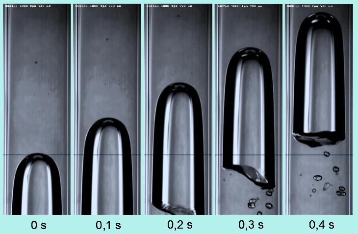 81 autores encontraram uma cauda instável e oscilatória, como também obervado no presente estudo. Figura 28 - Imagens da Bolha de Taylor em fluido estagnado (1000 fps).